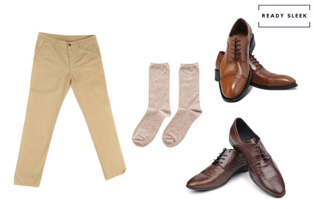 Light brown Oxford shoes + dark brown dress shoes + the khakis + beige socks