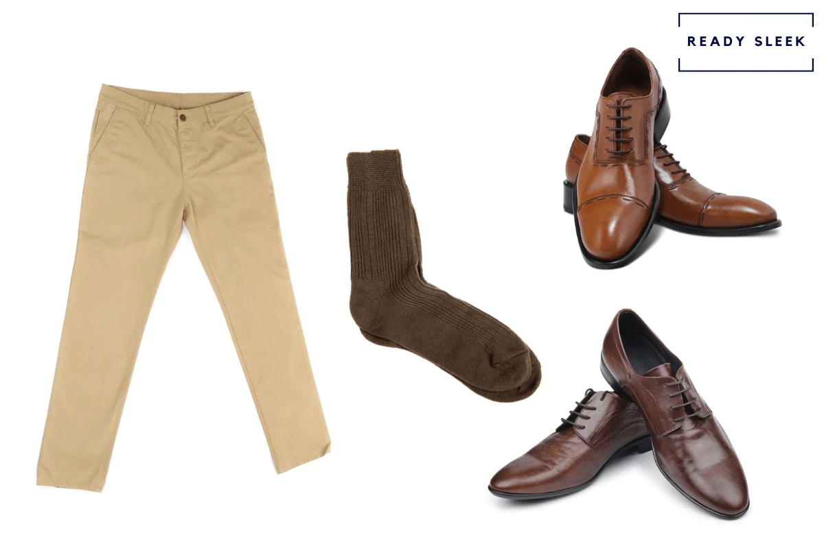 Light brown Oxford shoes + dark brown dress shoes + the khakis + dark brown socks