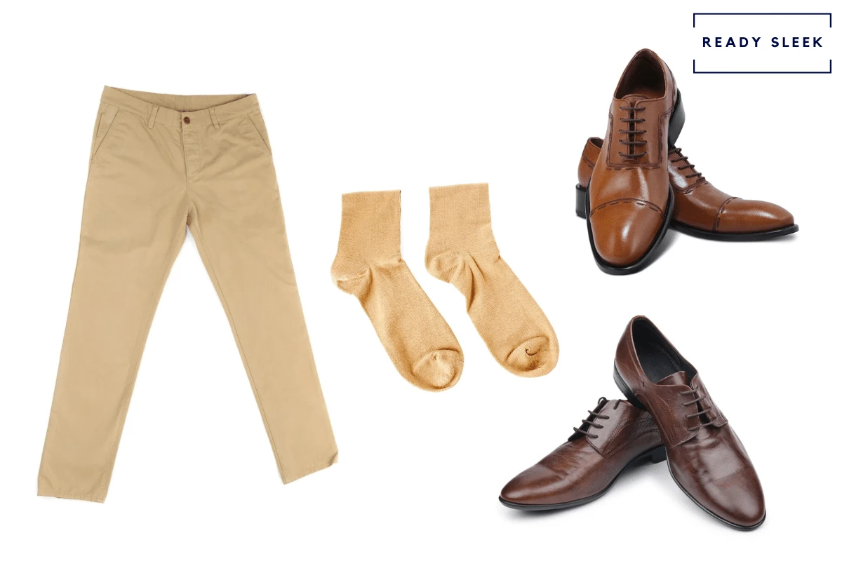 Light brown Oxford shoes + dark brown dress shoes + the khakis + khaki socks
