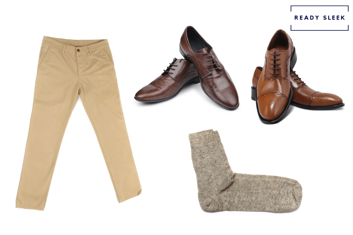 Light brown Oxford shoes + dark brown dress shoes + the khakis + light taupe socks