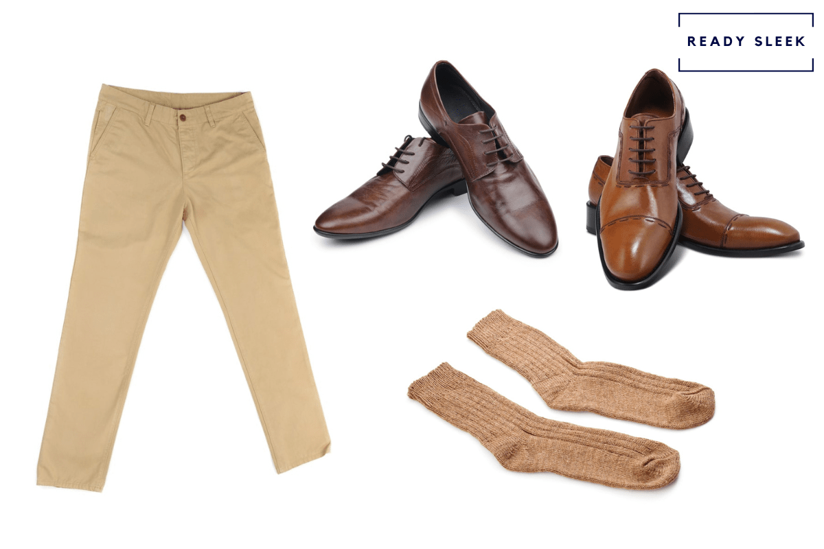 Light brown Oxford shoes + dark brown dress shoes + the khakis + tan socks