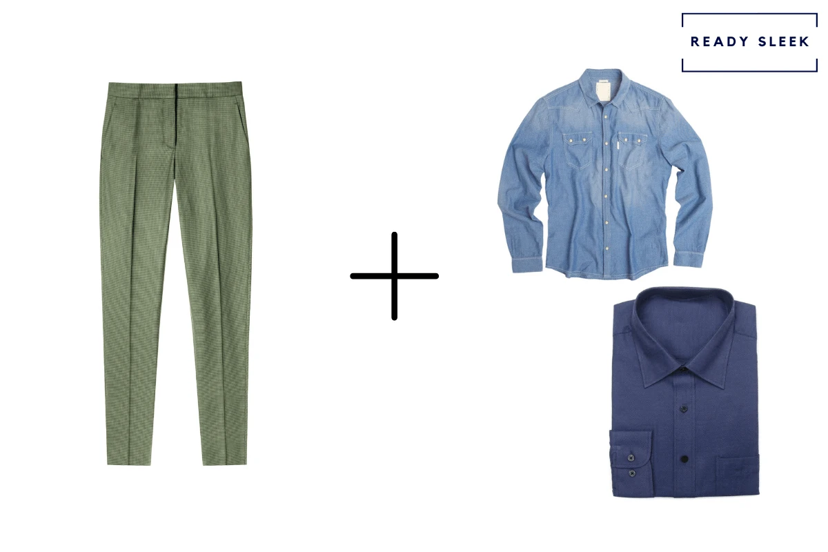 light green pants + blue denim shirt + navy blue shirt 