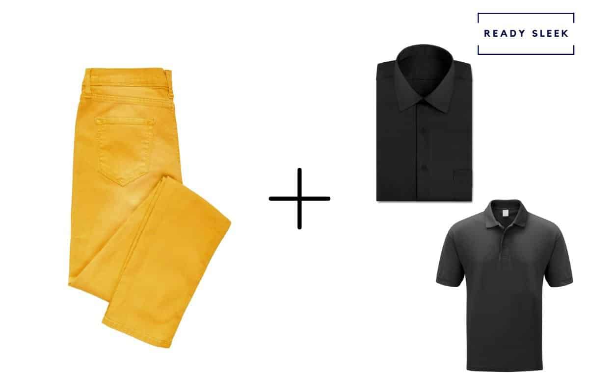 mustard yellow pants + black shirt + black polo shirt