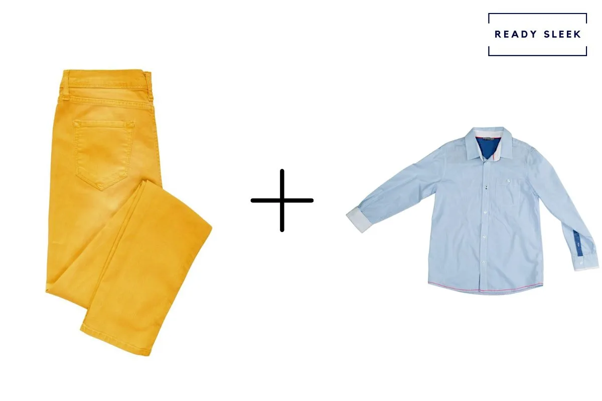 mustard yellow pants + blue casual shirt