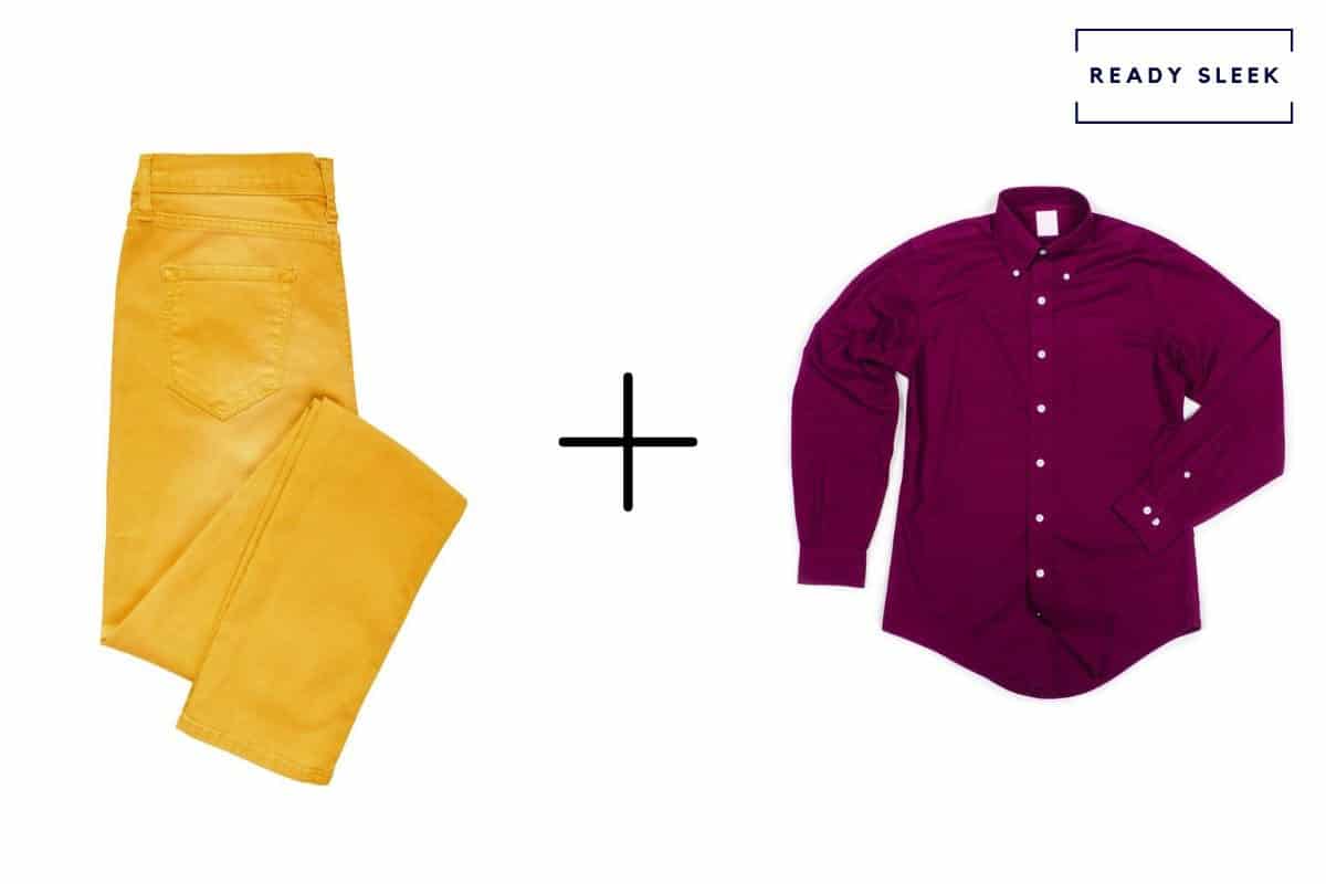 mustard yellow pants + burgundy shirt 