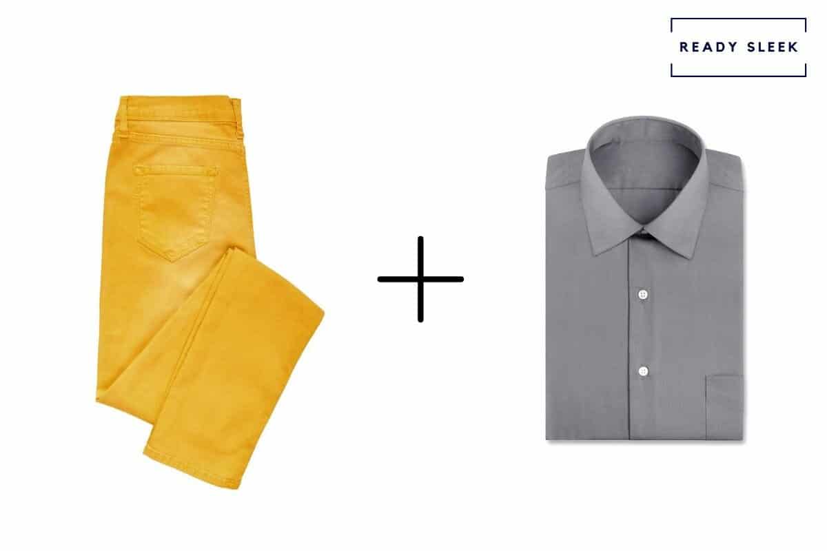 mustard yellow pants + grey shirt