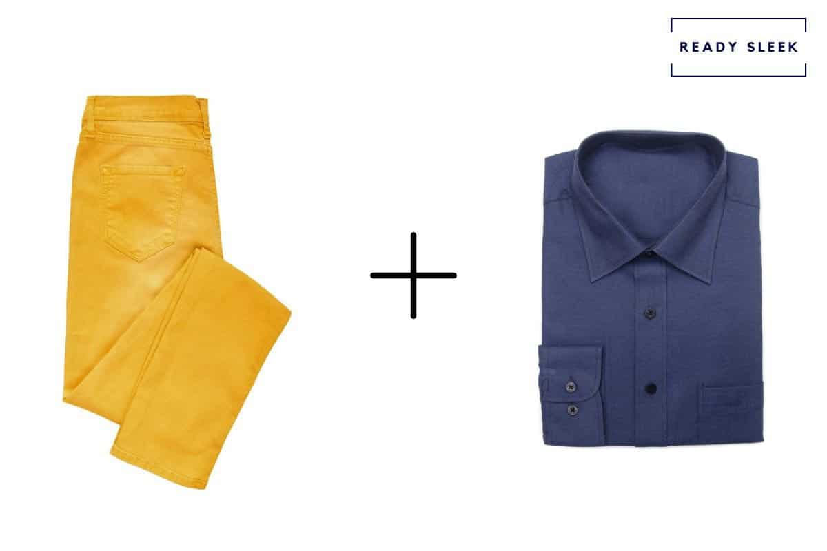 mustard yellow pants + navy blue shirt