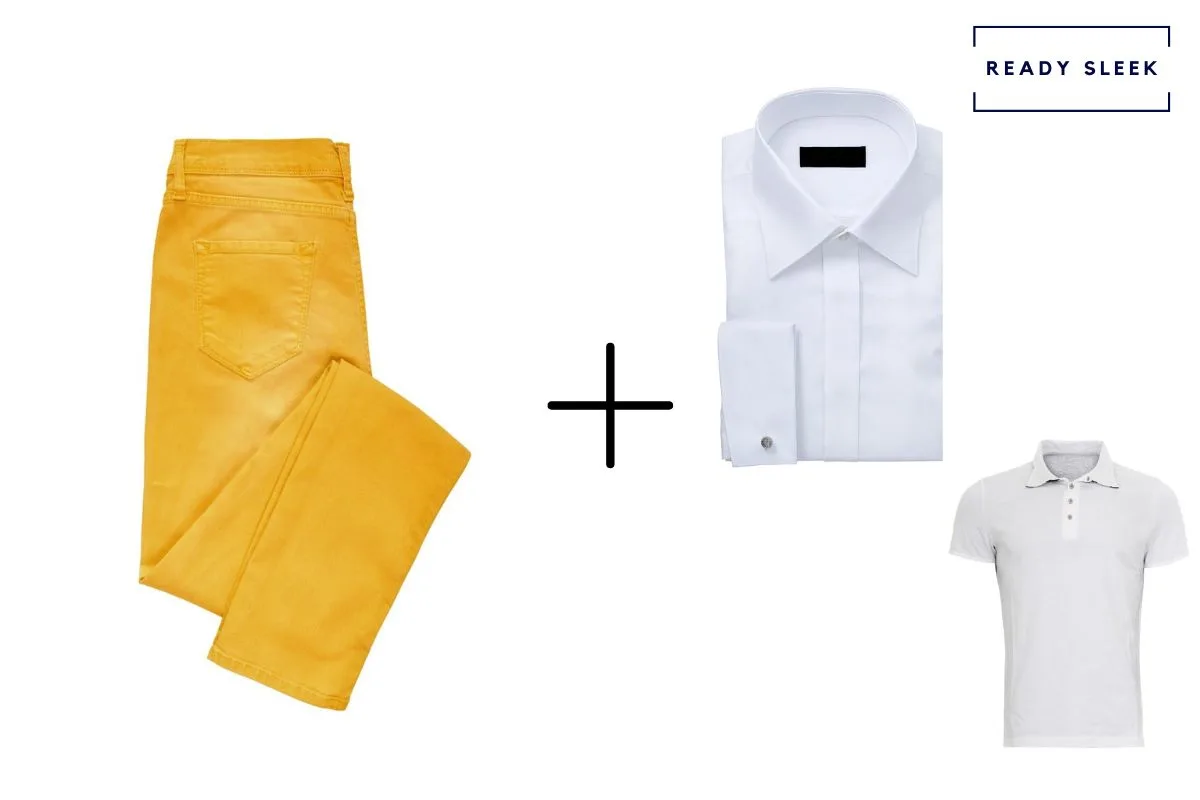 mustard yellow pants + white shirt + white polo shirt 