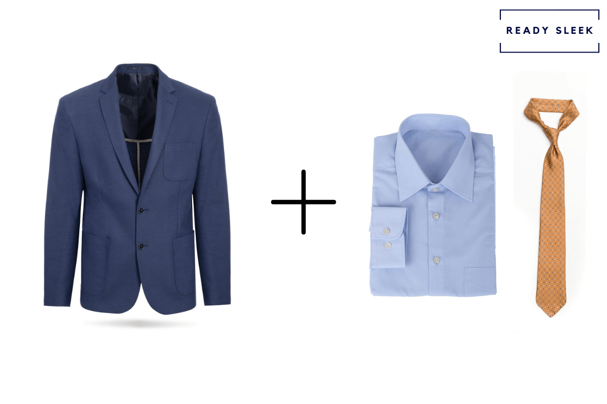 Navy blue blazer + blue shirt + orange tie