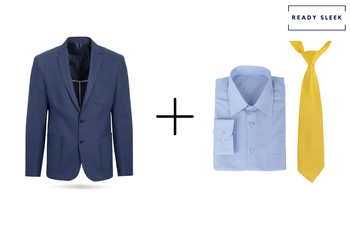 Navy blue blazer + blue shirt + yellow tie