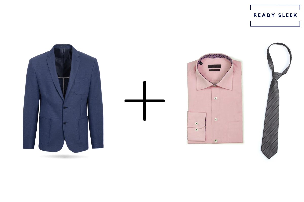 Navy blue blazer + pink shirt + grey tie