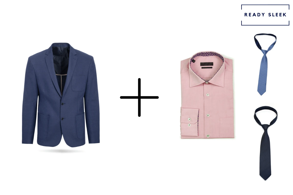 Navy blue blazer + pink shirt + steel blue + navy tie