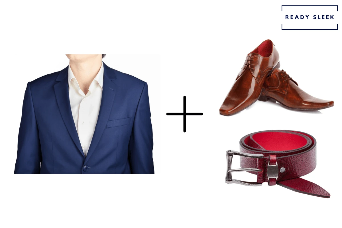 navy blue suit + burgundy belt + burgundy dress shoes