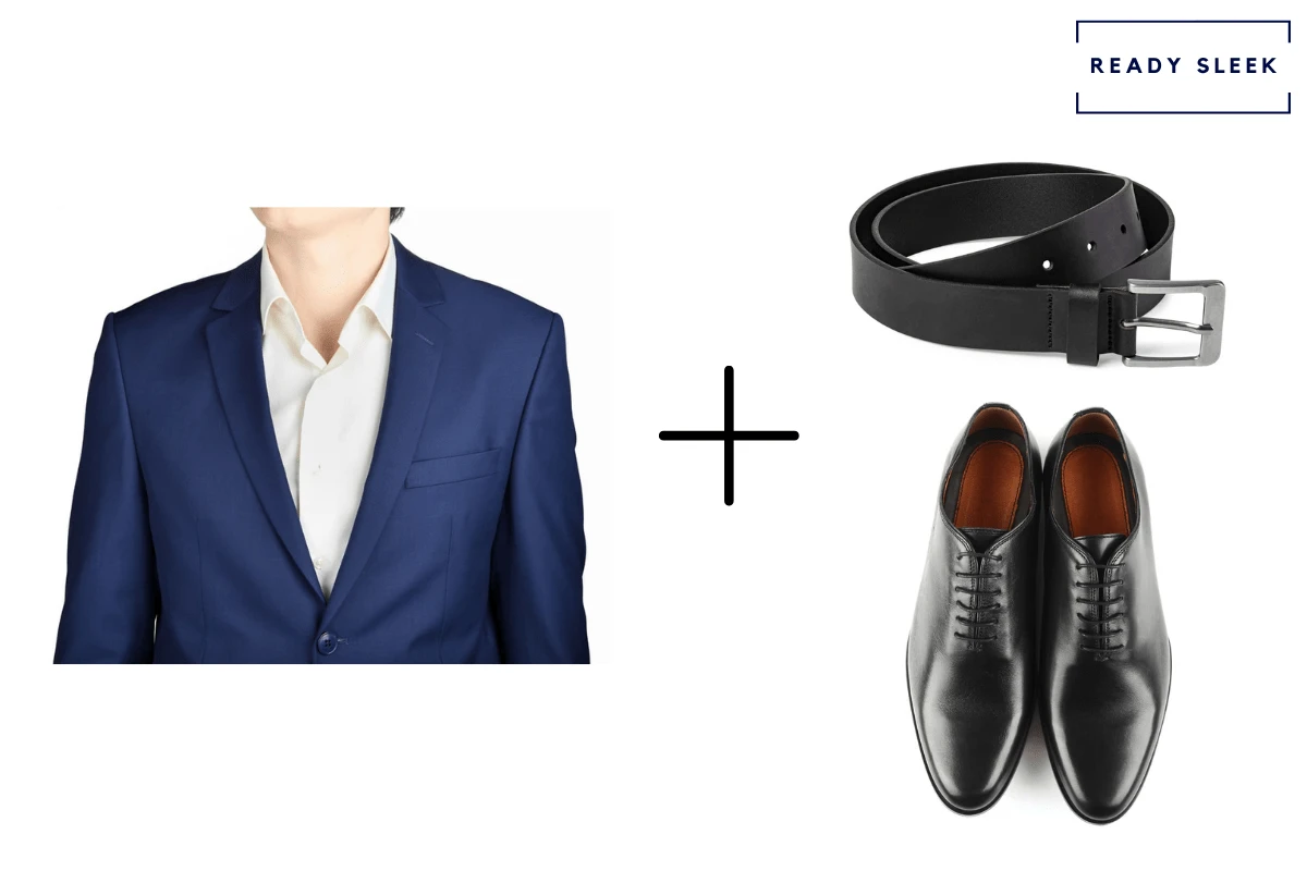 navy blue suit + black belt + black oxford shoes