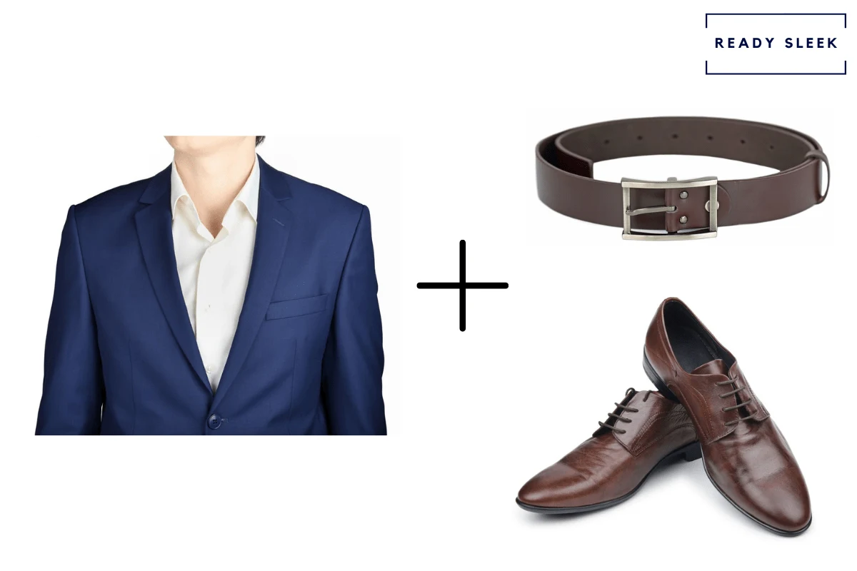 navy blue suit + dark brown belt + dark brown dress shoes