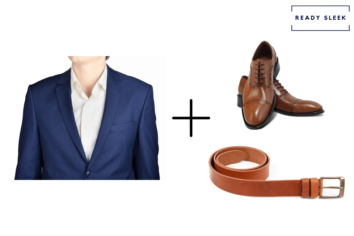 Navy blue suit + light brown belt + light brown Oxford