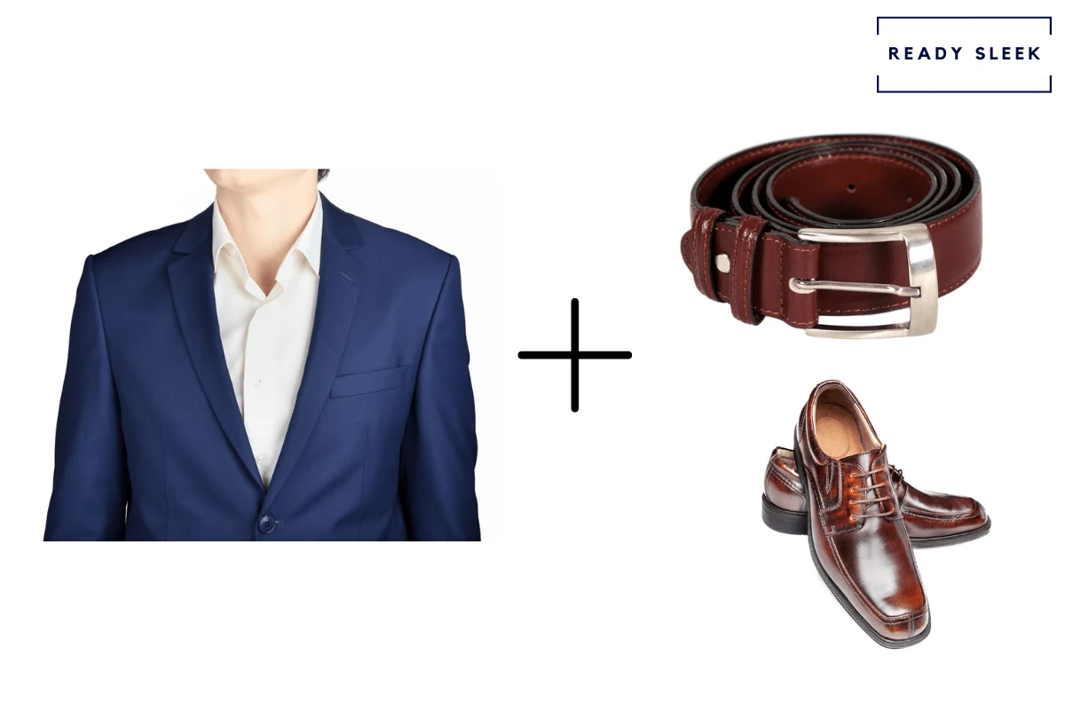 navy blue suit + oxblood belt + oxblood shoes