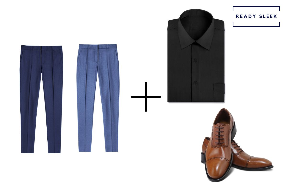 navy blue pants + medium blue pants + light brown cap toe Oxford shoes + black shirt