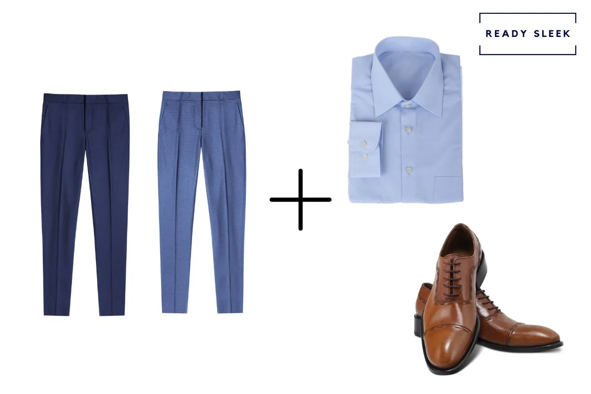 navy blue pants + medium blue pants + light brown cap toe Oxford shoes + blue shirt