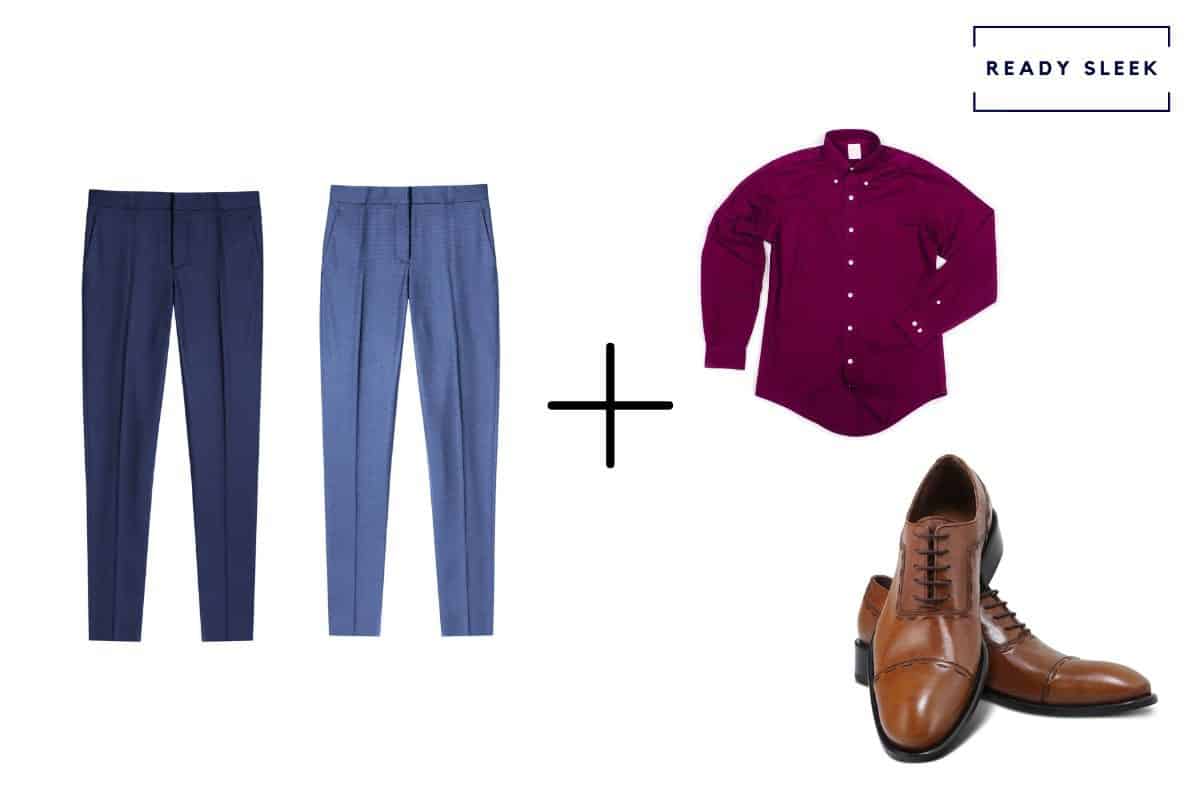 navy blue pants + medium blue pants  + light brown cap toe Oxford shoes + burgundy shirt