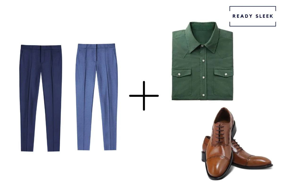 navy blue pants + medium blue pants + light brown cap toe Oxford shoes + dark green shirt 