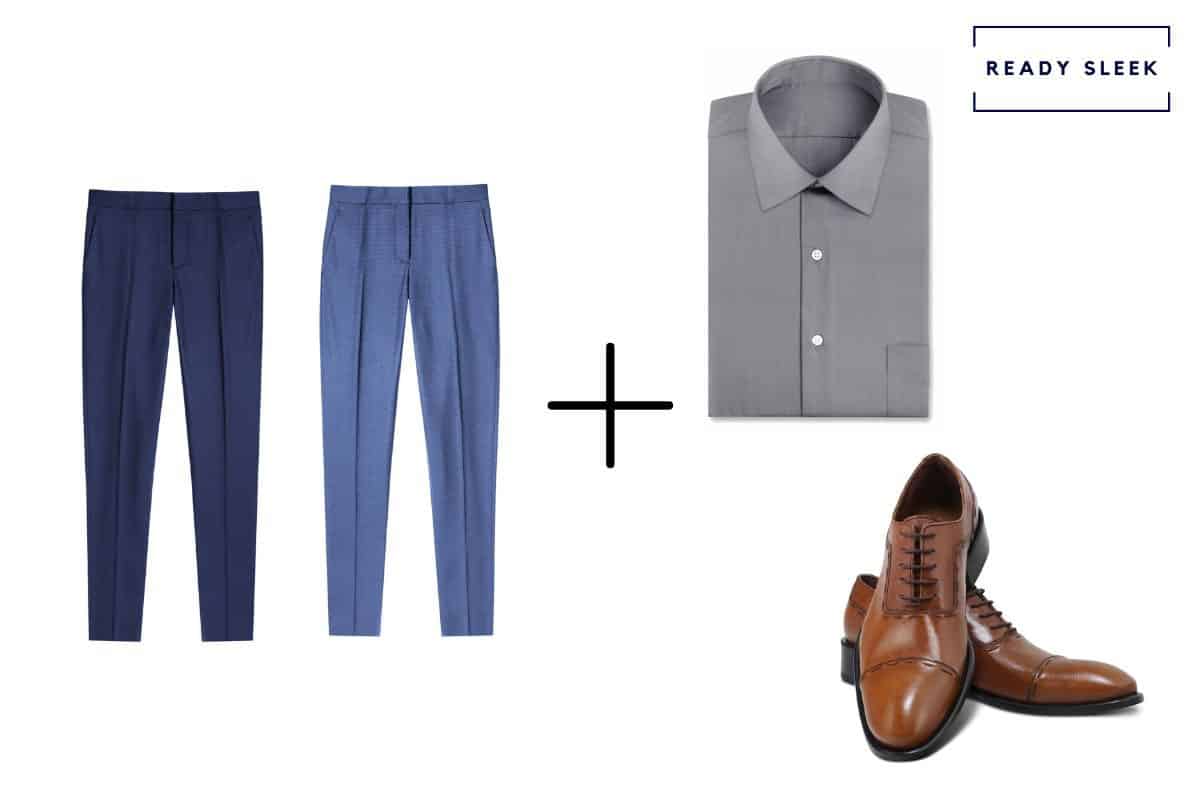 navy blue pants + medium blue pants  + light brown cap toe Oxford shoes + grey shirt 