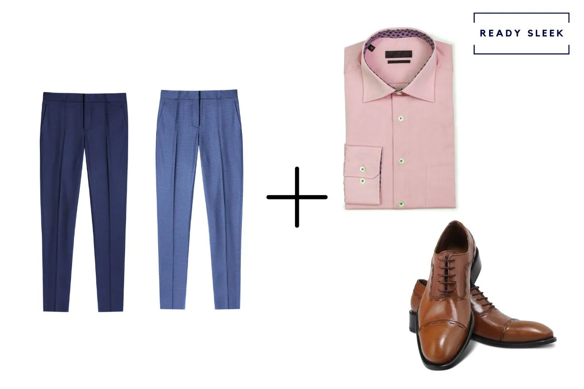 navy blue pants + medium blue pants + light brown cap toe Oxford shoes + pink shirt