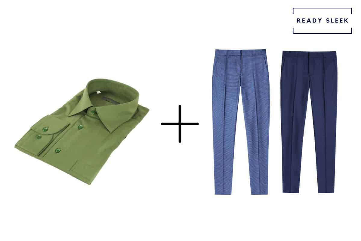 olive green shirt+ [navy blue pants + medium blue pants 