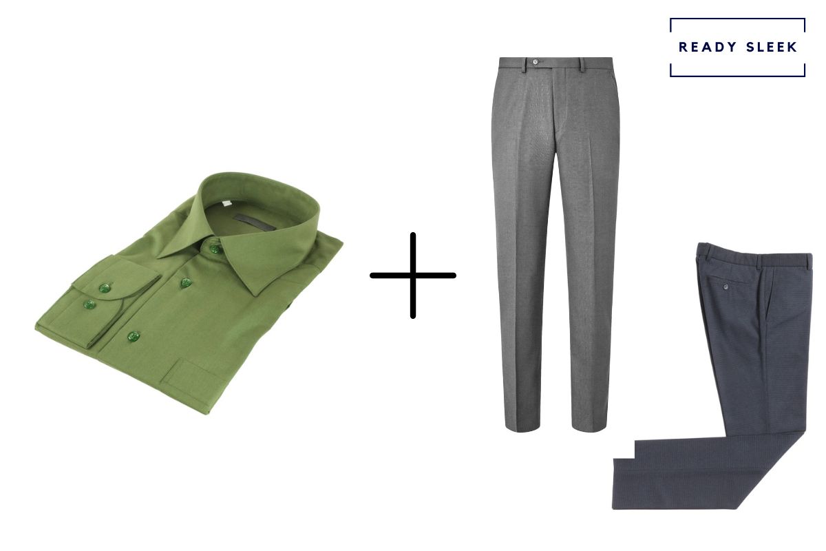 olive green shirt + dark grey mens pants + slate grey pants