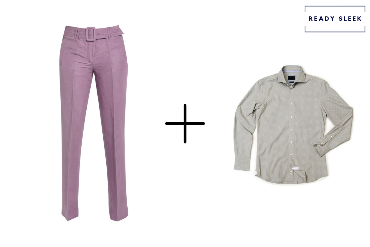 purple pants + light grey shirt