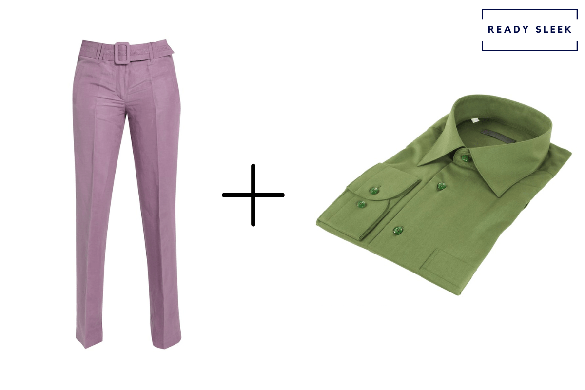 purple pants + olive green shirt 