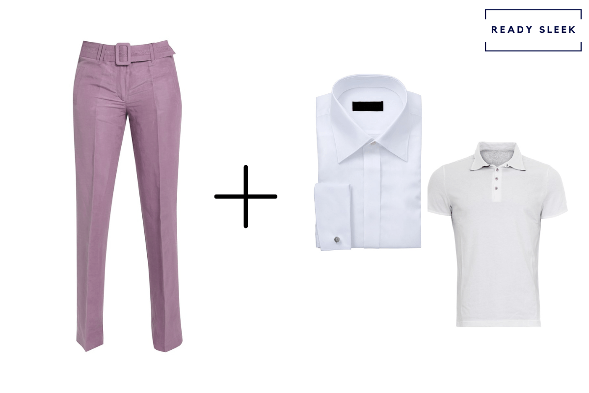 purple pants + white shirt + white polo