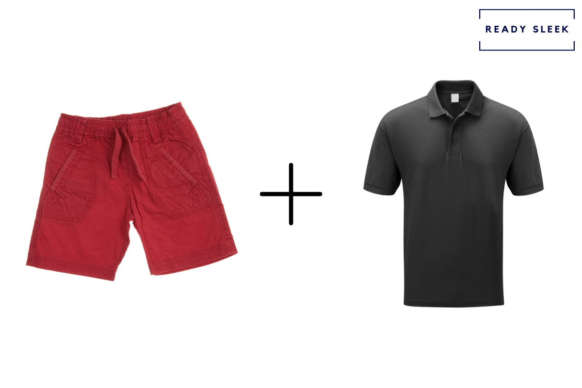 red shorts + black polo shirt 