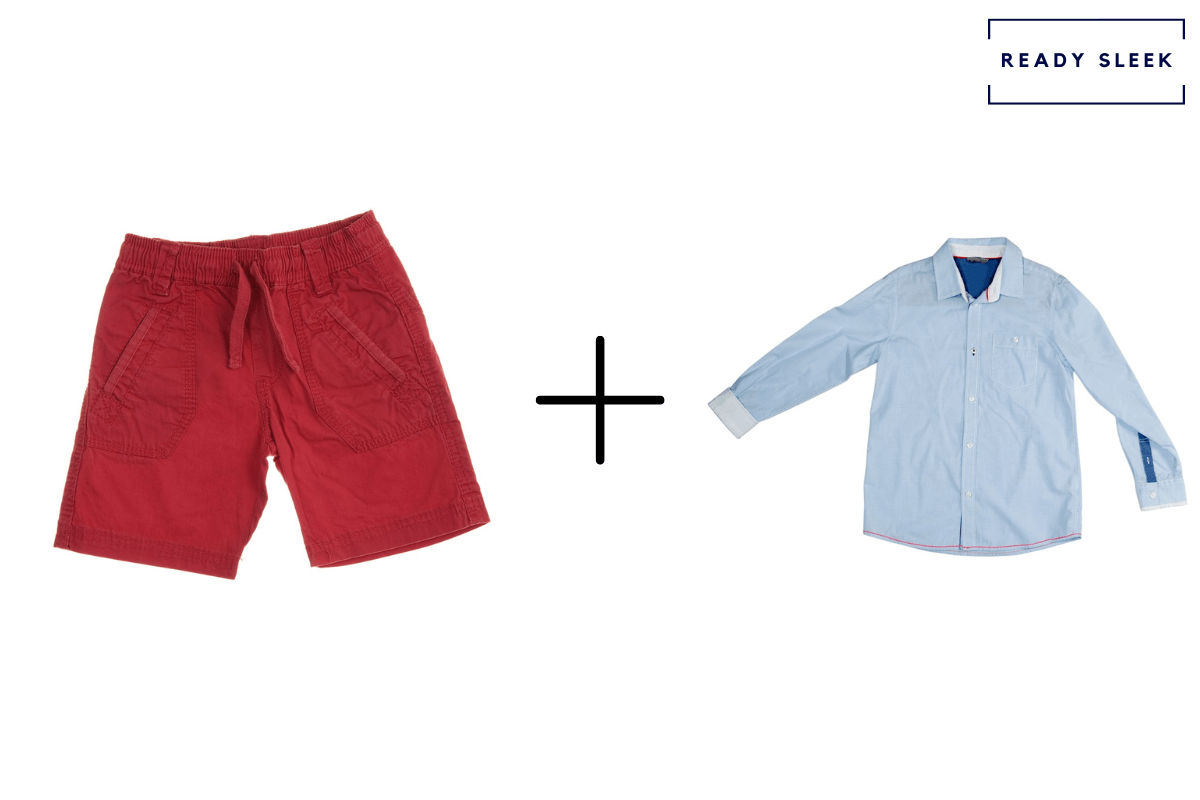 red shorts + blue casual shirt 