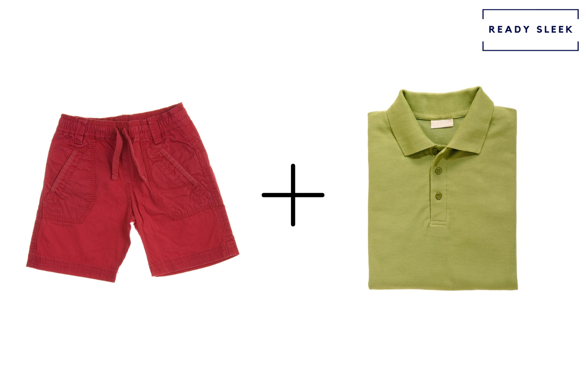 Red shorts + olive green polo shirt