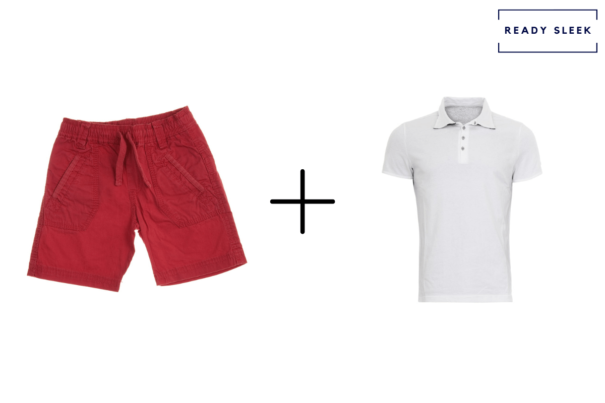Red shorts + white polo shirt 