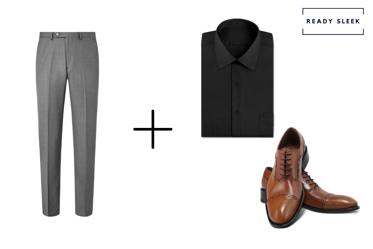 slate grey pants + light brown cap toe Oxford shoes + black shirt 