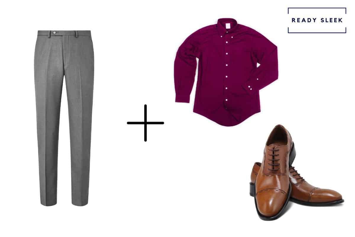 slate grey pants + light brown cap toe Oxford shoes + burgundy shirt