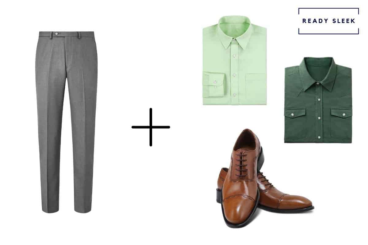 slate grey pants + light brown cap toe Oxford shoes + green shirt
