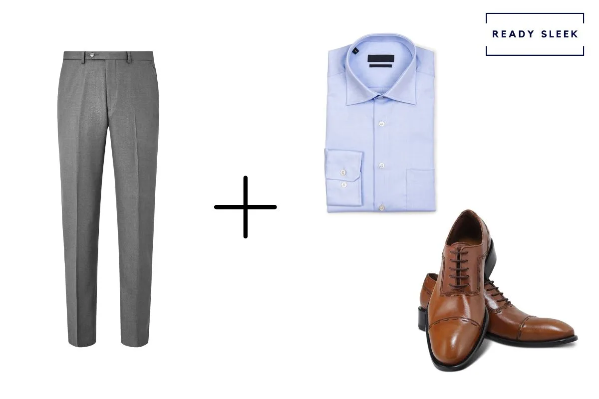 slate grey pants + light brown cap toe Oxford shoes + light blue shirt