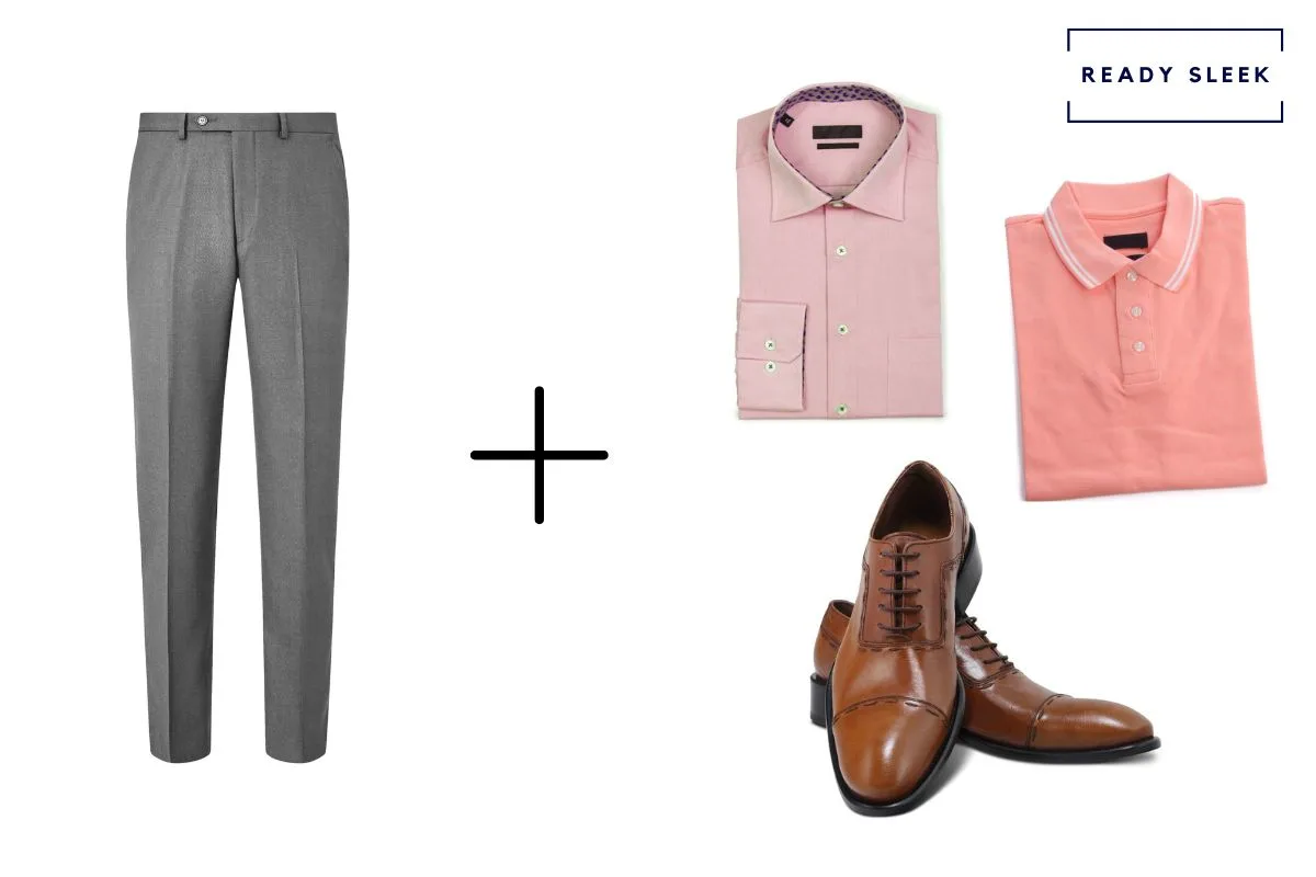 slate grey pants + light brown cap toe Oxford shoes + pink shirt + dark pink shirt