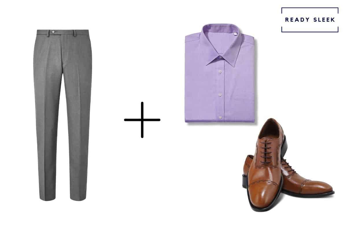 slate grey pants + light brown cap toe Oxford shoes + purple shirt 