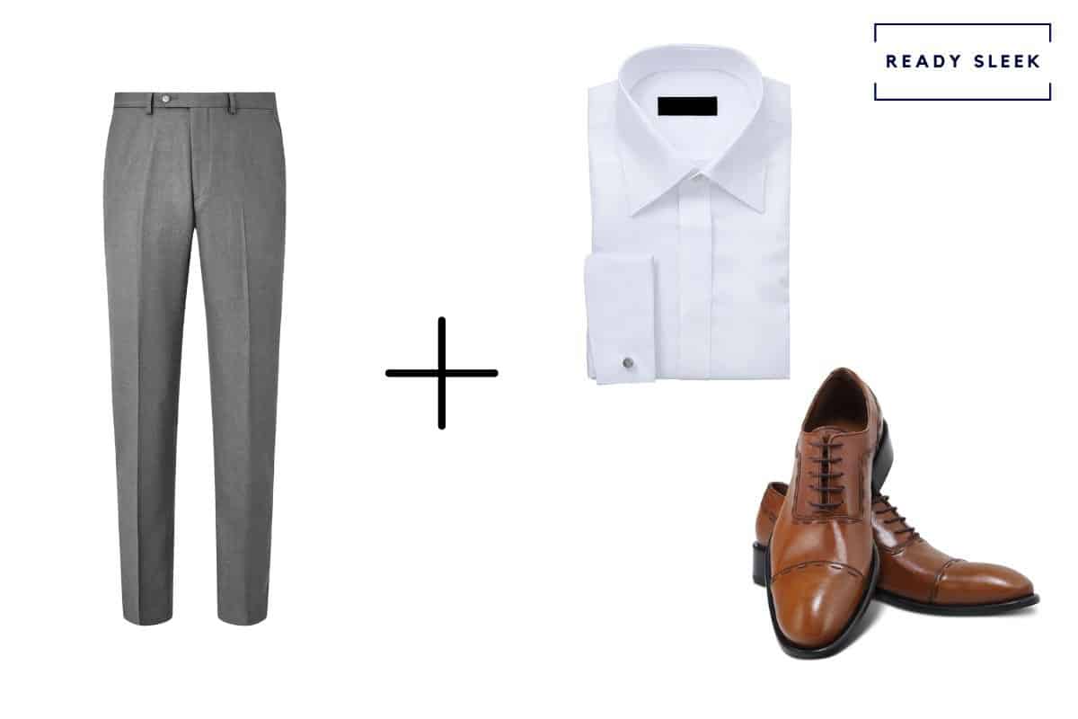 slate grey pants + light brown cap toe Oxford shoes + white shirt