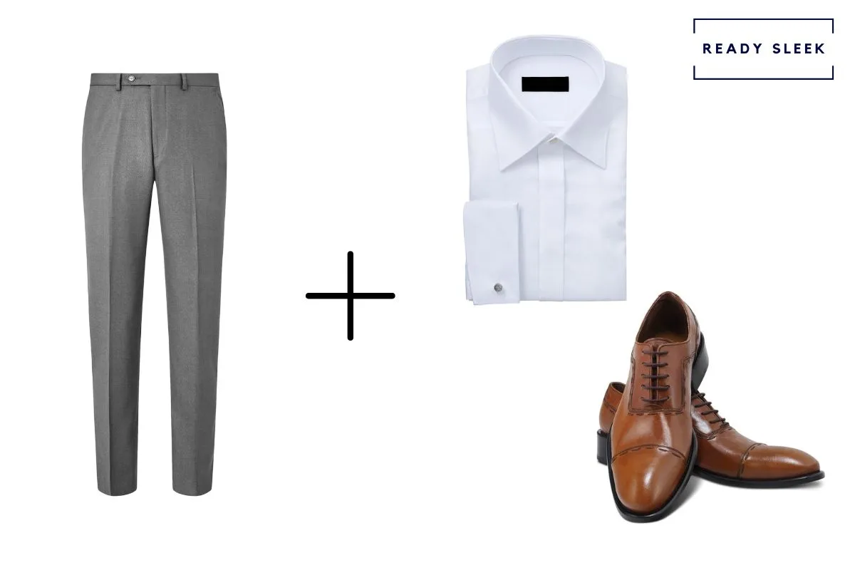 slate grey pants + light brown cap toe Oxford shoes + white shirt