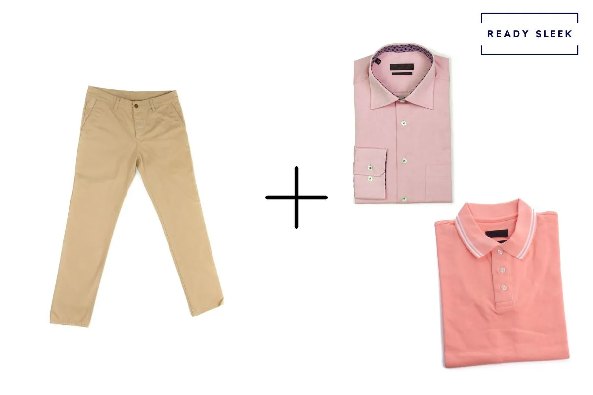 tan pants+ pink polo shirt + pink shirt 
