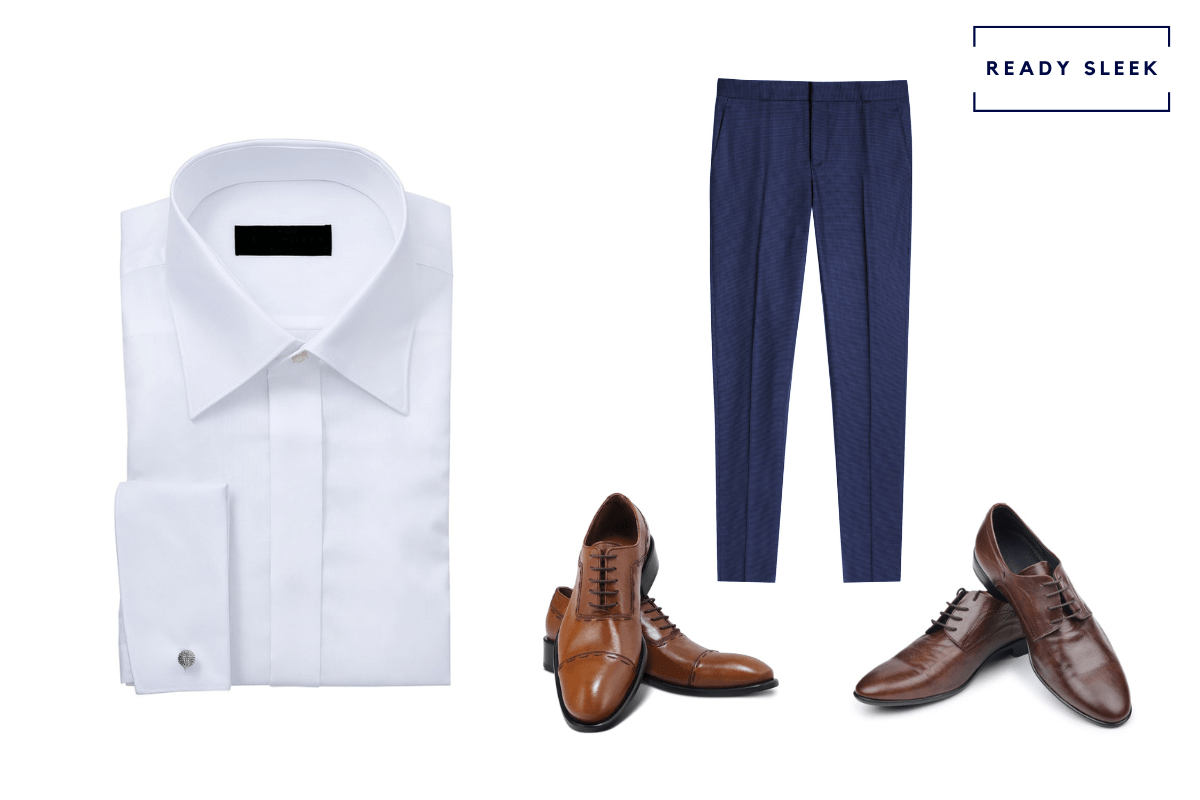 white shirt + navy blue pants + light brown cap toe Oxford shoes + dark brown dress shoes 