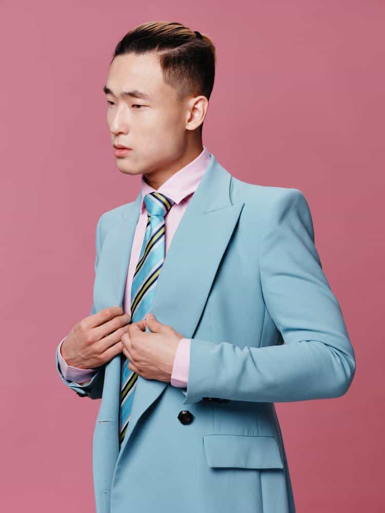 baby blue suit and pink shirt 