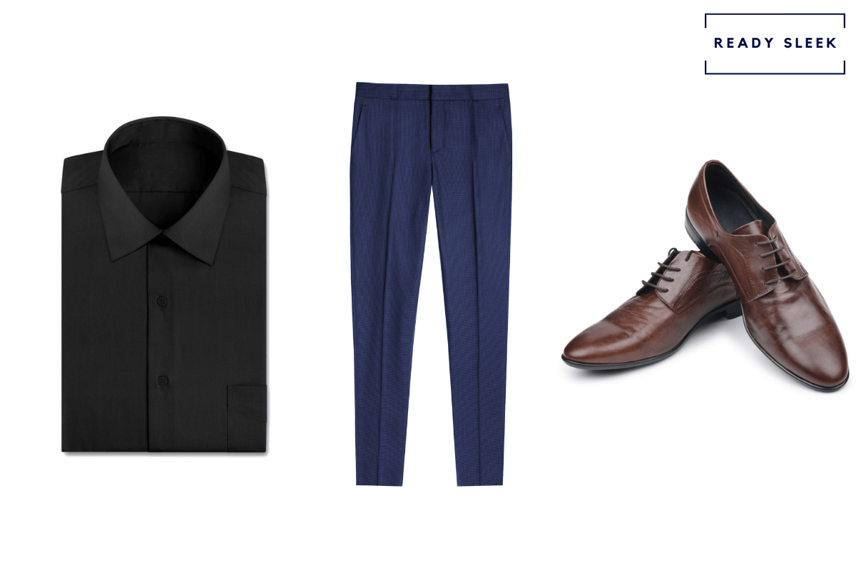 black shirt + dark brown dress shoes + navy blue pants