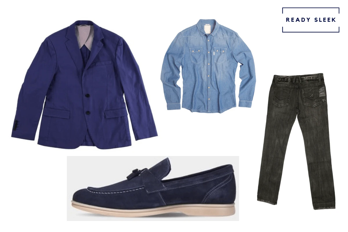 blue blazer + black jeans + blue denim shirt + Suede tassel loafers combo