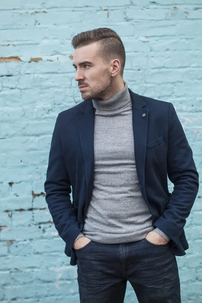 blue blazer with jeans and turtleneck